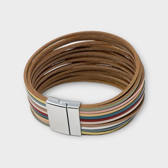 Leather Bracelet Multilayer Multicolor Wide Wrap Clasp Bracelet Rainbow - Picture 2 of 7
